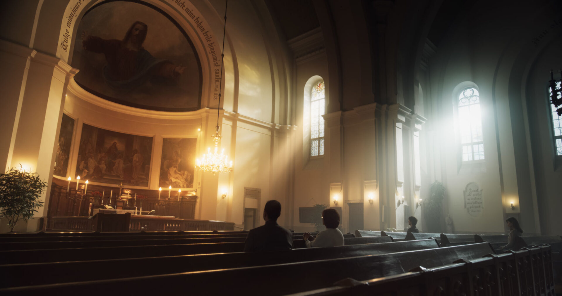 People sitting in a serene church interior